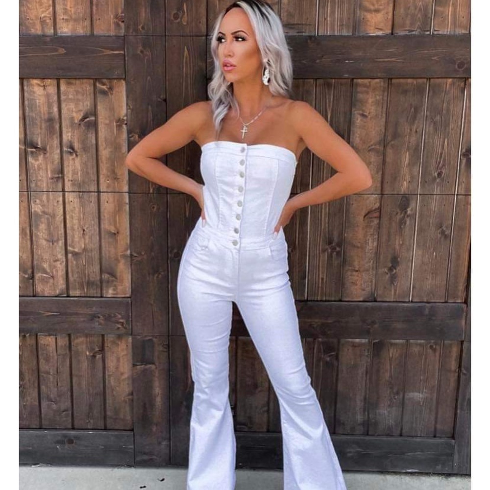 White Denim Strapless Bell Bottom Jumpsuit
